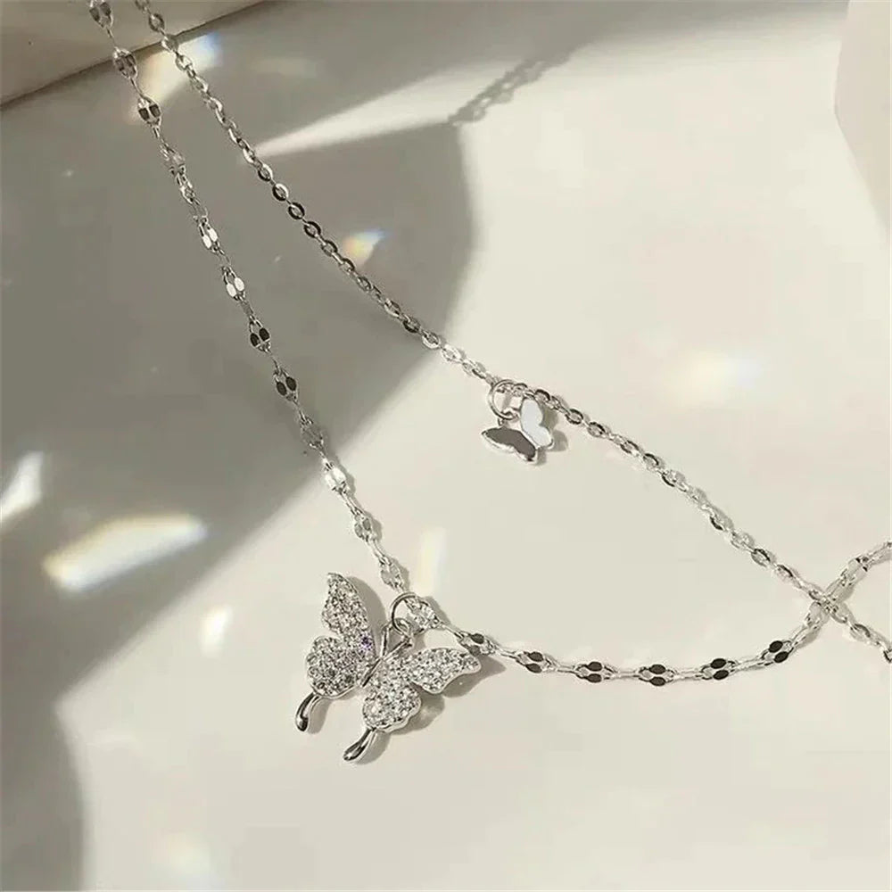 Gelaagde Sieraden Set Zilver met Vlinder Hanger Kristal voor Dagelijks Dragen | Sansoti