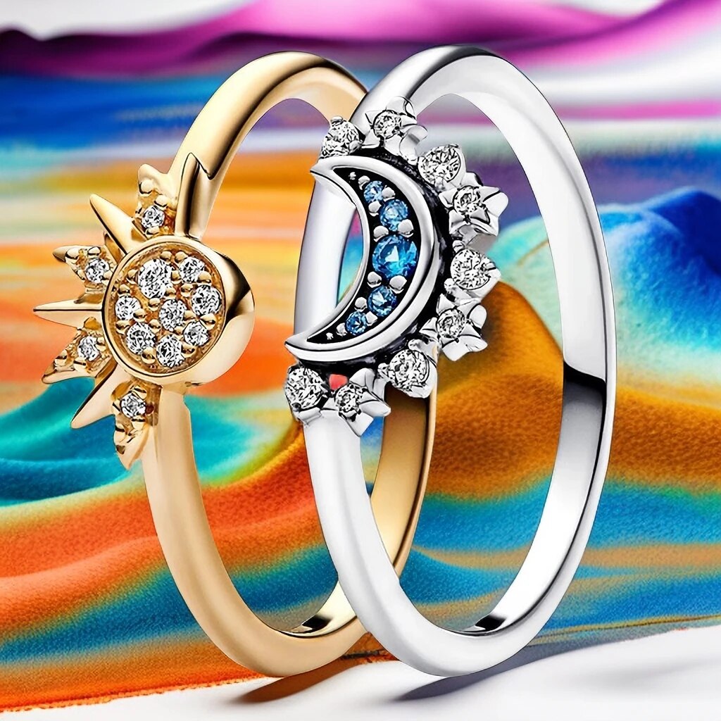 Zon en Maan Ring Set 925 Sterling Zilver met Kristal Verstelbare Ringen Goud en Zilver | Sansoti