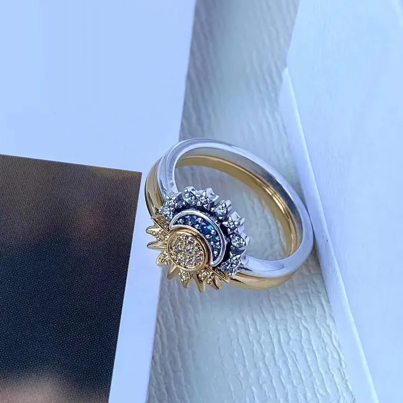 Zon en Maan Ring Set 925 Sterling Zilver met Kristal Verstelbare Ringen Goud en Zilver | Sansoti