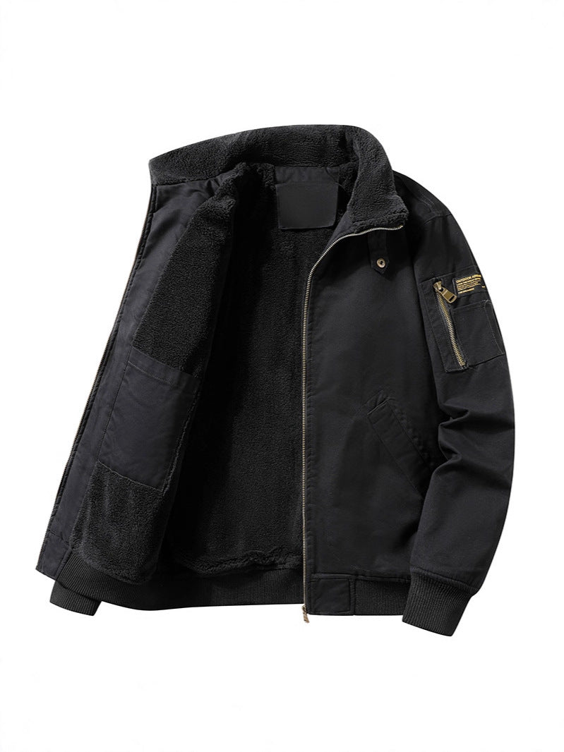 Bomberjack für Herren mit Teddyfutter, Reißverschluss, Rippbündchen, Ärmeltaschen, lässige Winterjacke mit Fleecekragen, warm und bequem | Sansoti