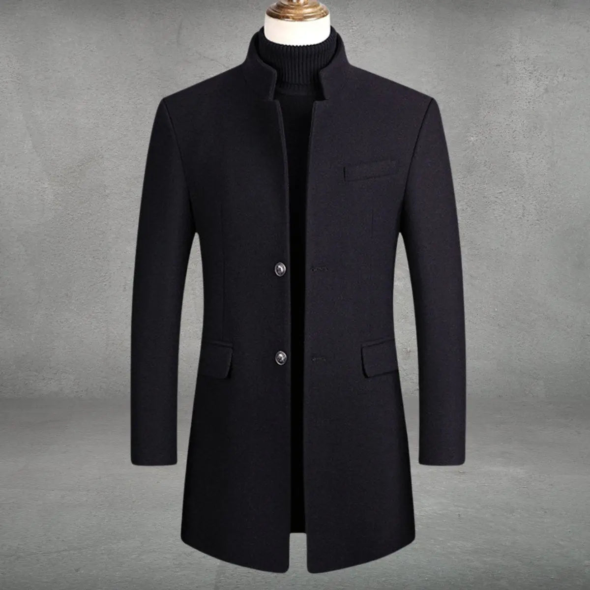 Wollener Herrenmantel mit Stehkragen, schlanke Passform, geschäftlich elegant, klassisches Wintermodell | Sansoti