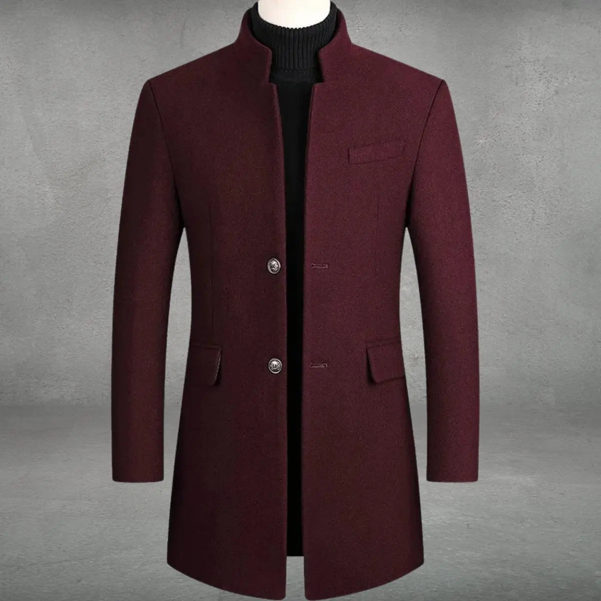 Wollener Herrenmantel mit Stehkragen, schlanke Passform, geschäftlich elegant, klassisches Wintermodell | Sansoti