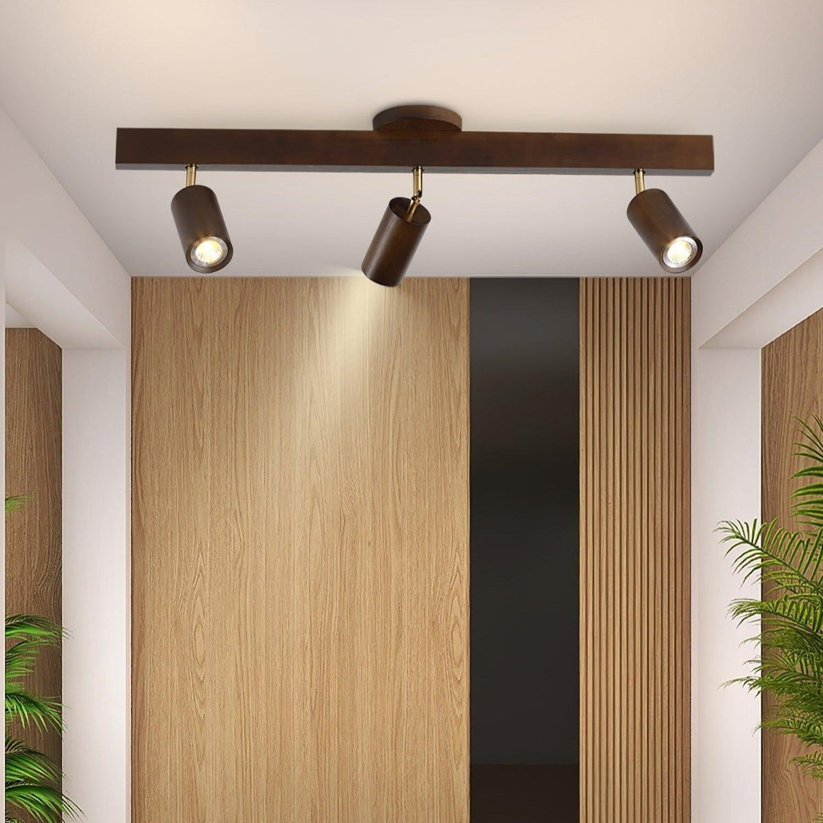 Plafonnier sur rail en bois à 2-5 spots orientables, lumière chaude, cuisine, salon, design industriel, projecteurs | Sansoti