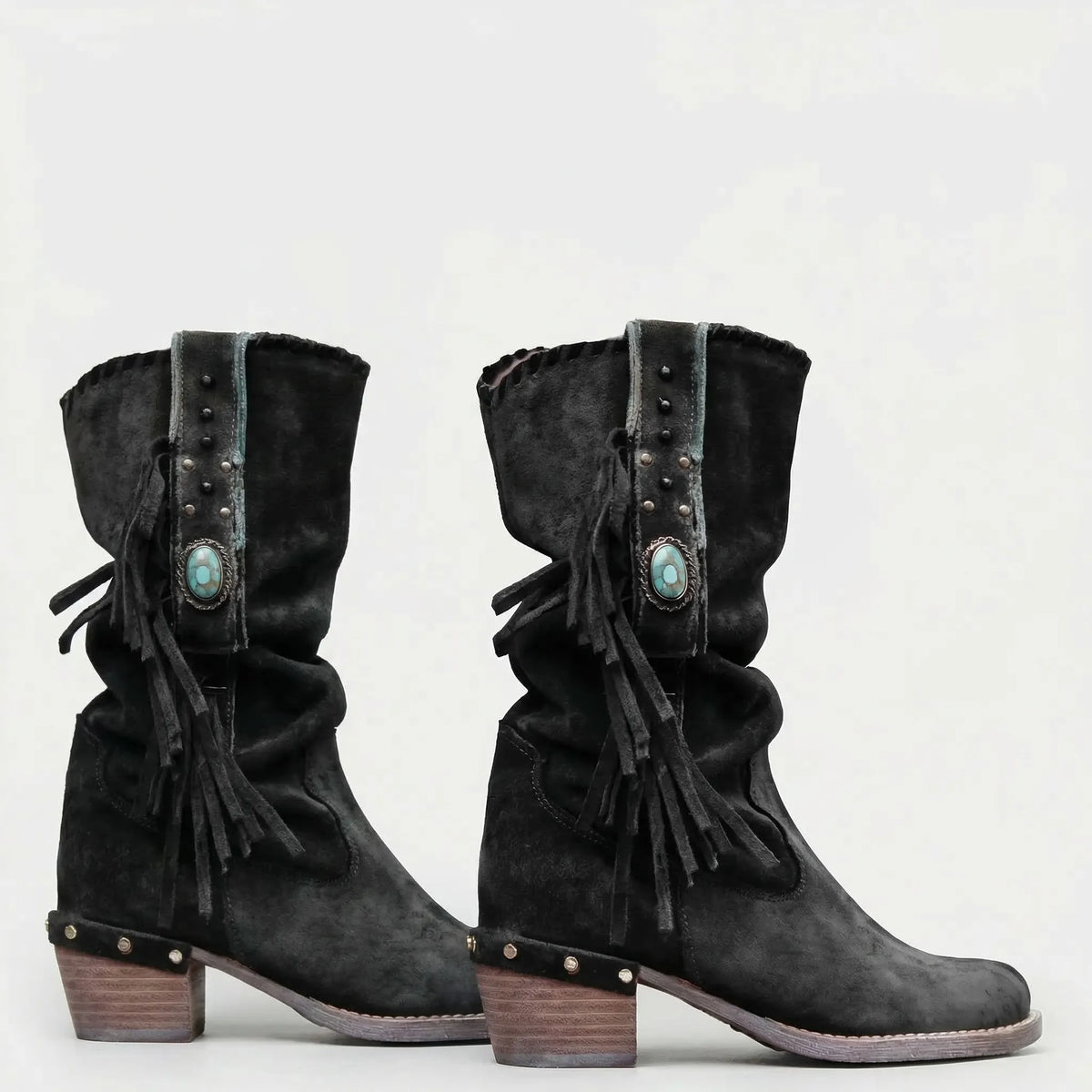 Lederne Westernstiefel mit Fransen und türkisfarbenem Stein bis unterhalb des Knies für Boho-Casual-Festival-Looks | Sansoti