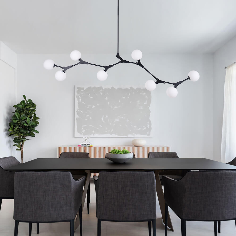 Lineaire Kroonluchter met Glazen Bellen 140cm Messing Zwart 8-Lichts G9 Verstelbaar Modern Design Eetkamerlamp | Sansoti