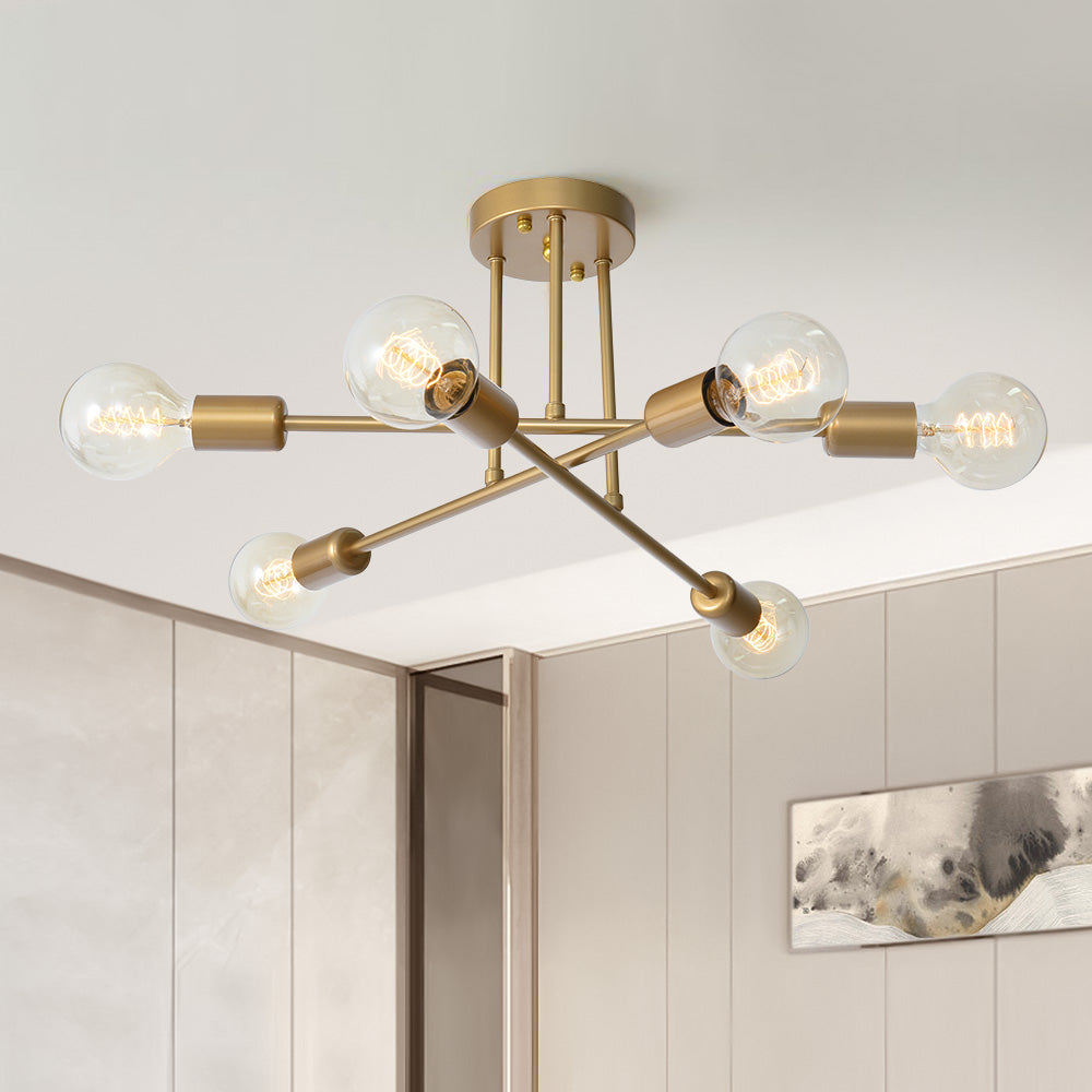 Lustre semi-plafonnier à 6 lumières en métal doré effet laiton, design Sputnik, ampoules E26 E27, 48 cm, salon | Sansoti