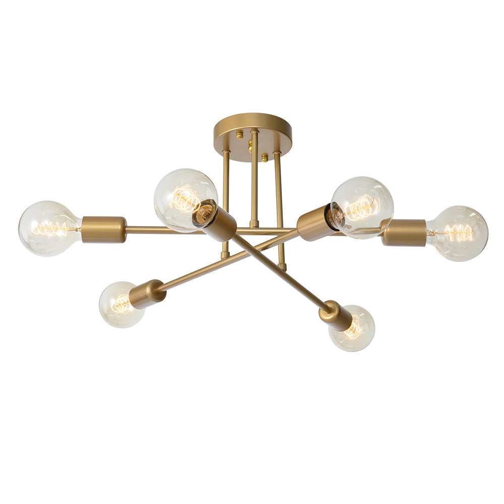 Lustre semi-plafonnier à 6 lumières en métal doré effet laiton, design Sputnik, ampoules E26 E27, 48 cm, salon | Sansoti