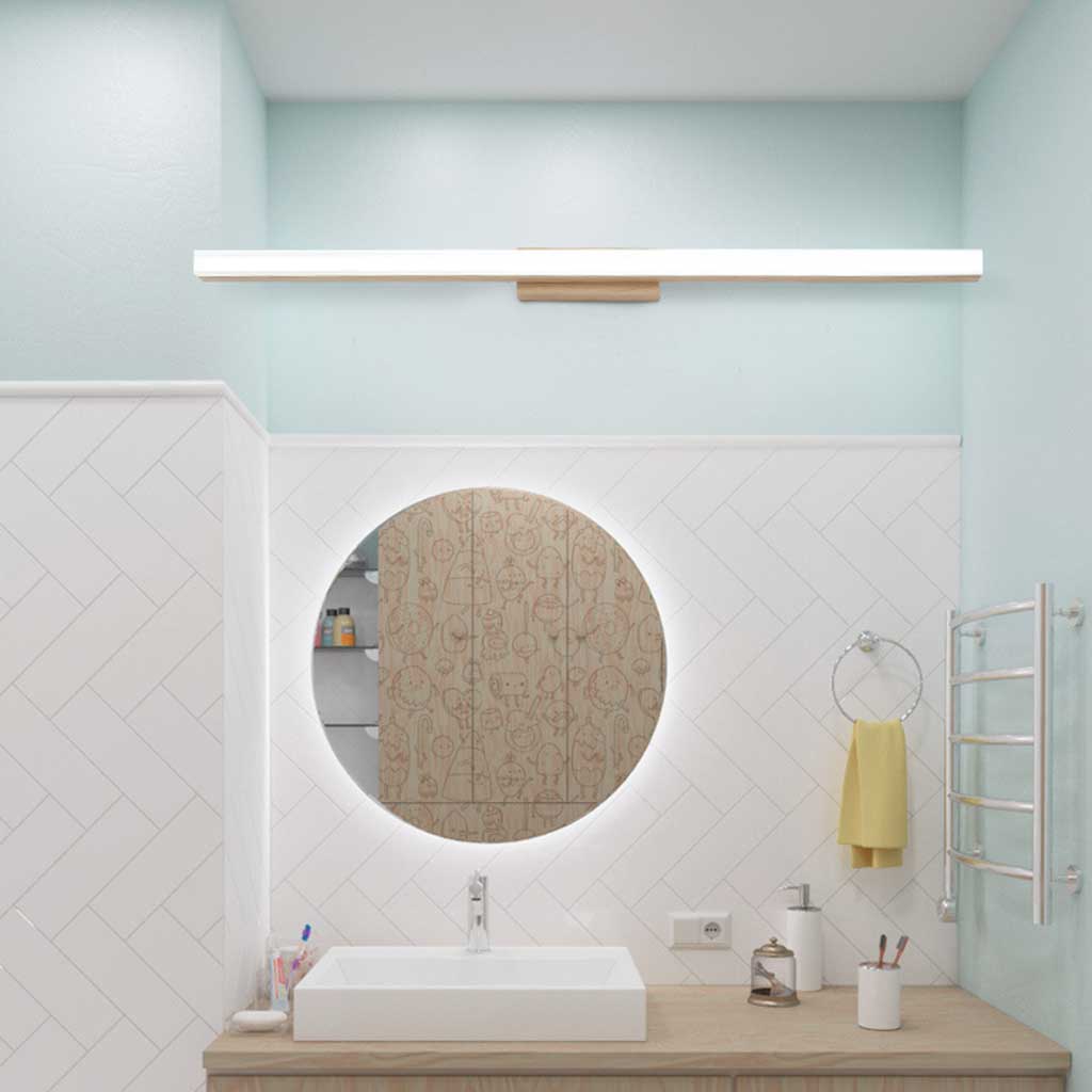 Wooden LED Bathroom Mirror Light with Switch 3 Light Colors 40cm 60cm 80cm Rubberwood Scandinavian | Sansoti