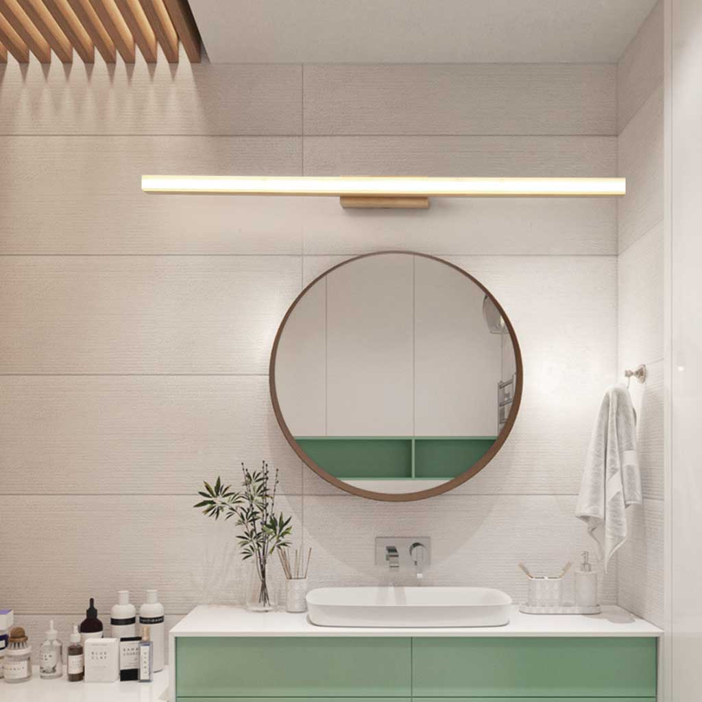 Holz-Wandleuchte für den Badezimmerspiegel, LED, Schalter, 3 Lichtfarben, 40 cm, 60 cm, 80 cm, Gummibaumholz, skandinavisch | Sansoti