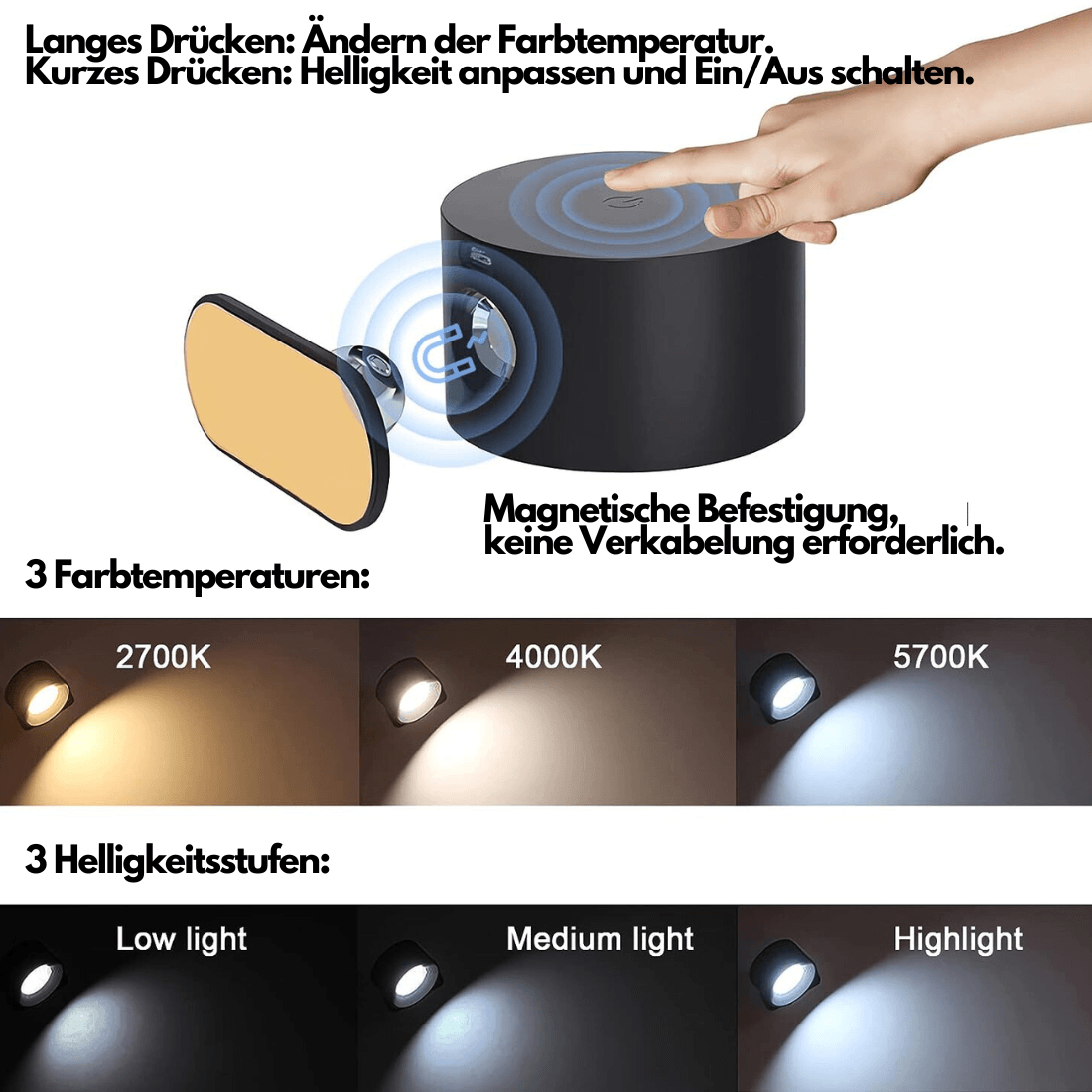 Draadloze Wandlamp Verstelbaar 360° LED Oplaadbaar USB Leeslamp Slaapkamer Woonkamer Hal Batterij Dimbaar | Sansoti