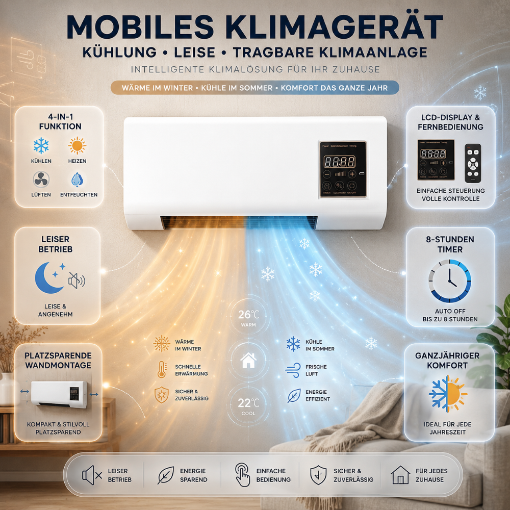 Mobiele Wandairco 4-in-1 Koeling Verwarming Ventilatie Ontvochtiging Stil Timer LCD Wit | Sansoti