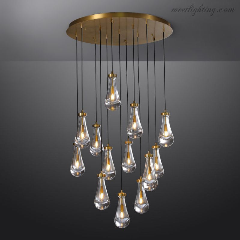 Lustre rond en verre goutte, laiton, 46-152 cm, à intensité réglable, E12, suspension pour salle à manger, salon et chambre, éclairage d’ambiance | Sansoti