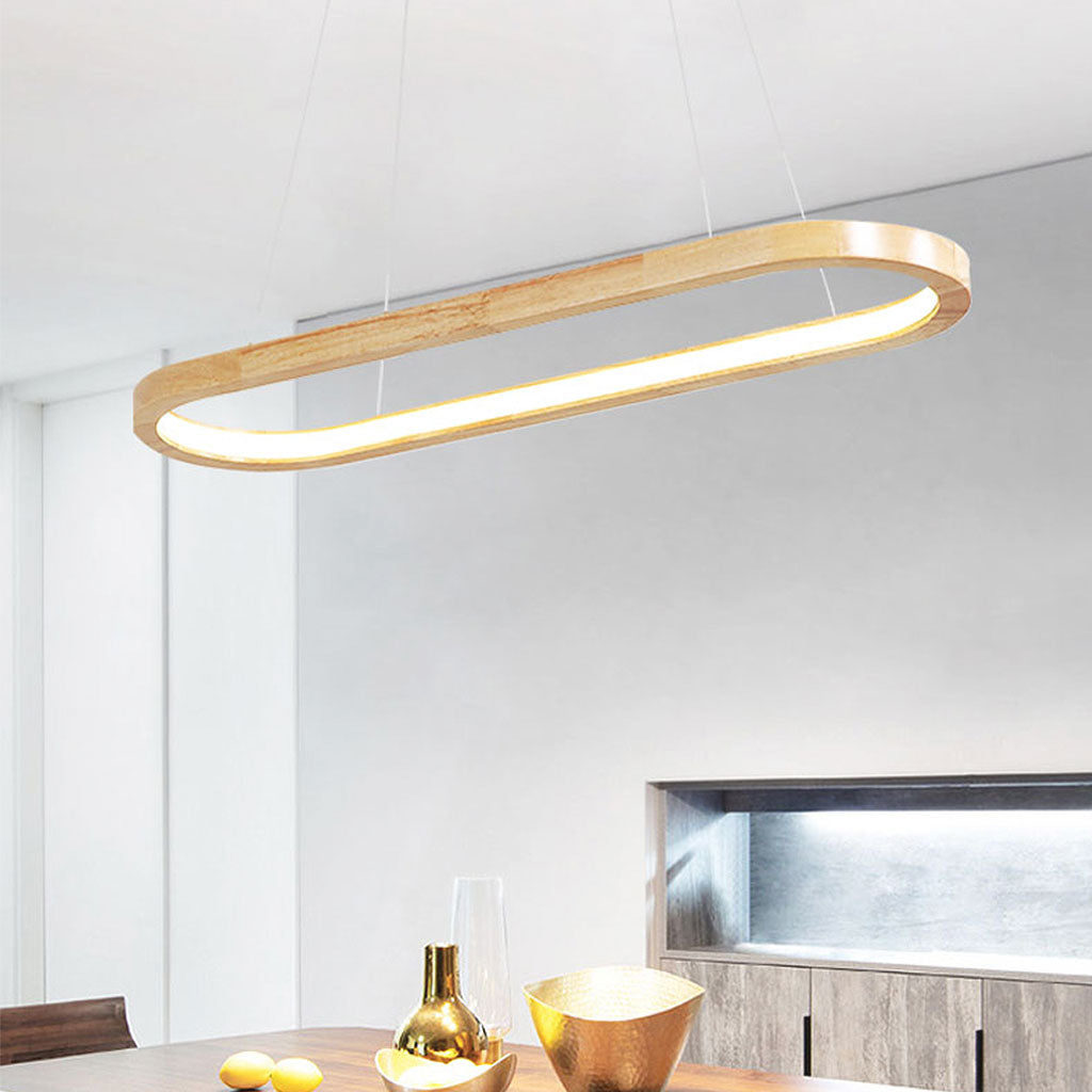 Suspension ovale en bois avec éclairage LED à intensité réglable et télécommande pour salle à manger, cuisine, bar et salon | Sansoti