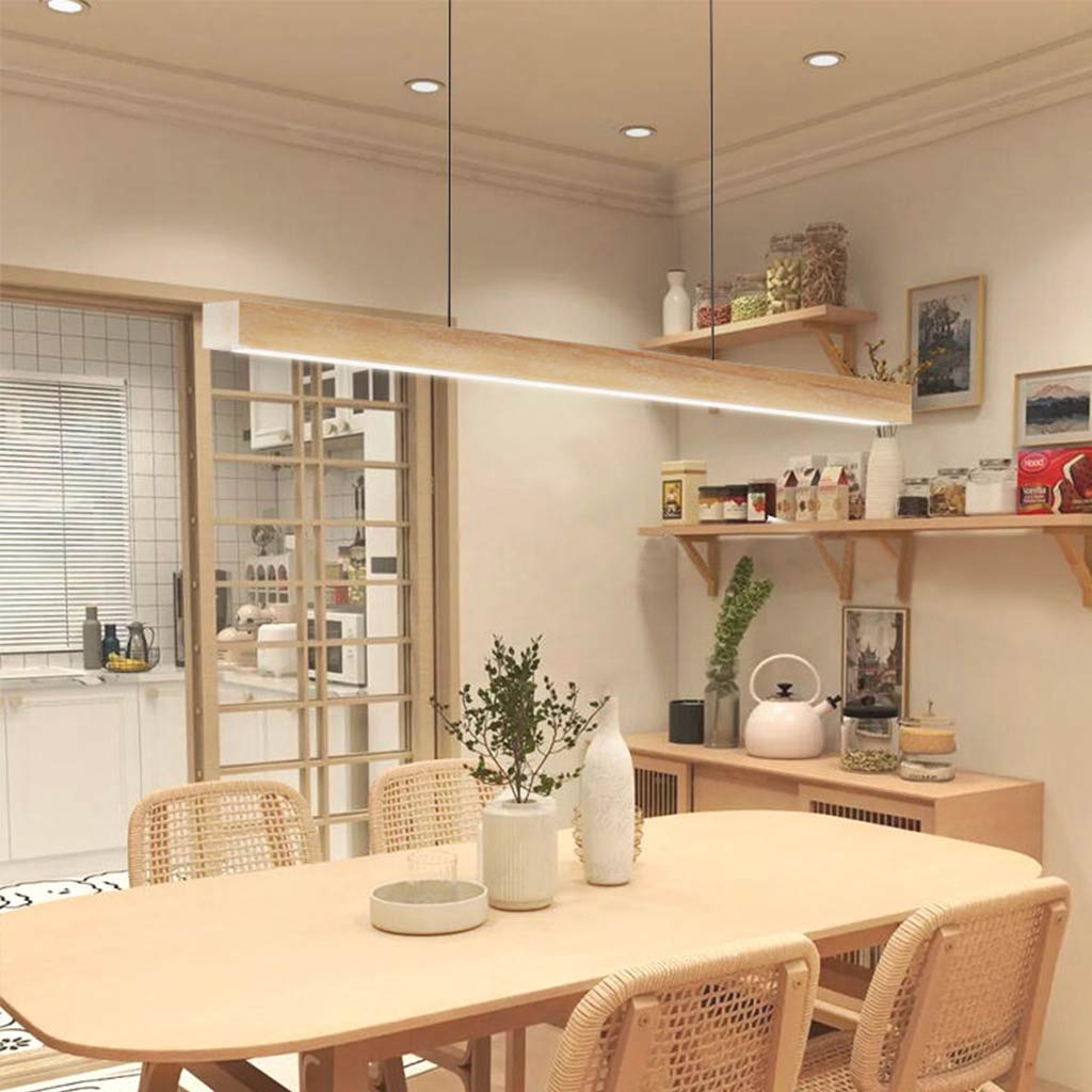 Lineare Hängeleuchte Kautschukholz LED Minimalistisches skandinavisches Design Esszimmer Kücheninsel Esstischbeleuchtung | Sansoti