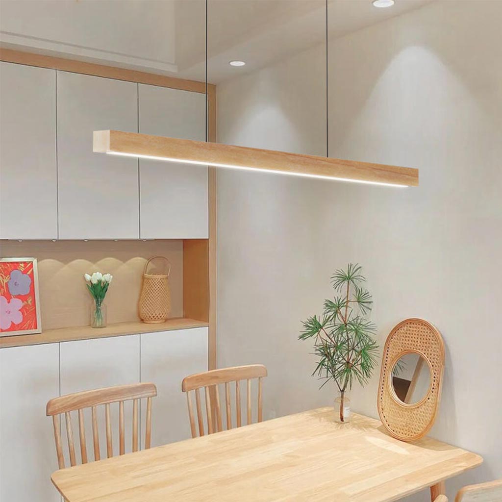 Lineare Hängeleuchte Kautschukholz LED Minimalistisches skandinavisches Design Esszimmer Kücheninsel Esstischbeleuchtung | Sansoti