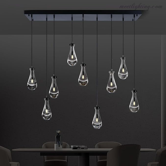 Rechthoekige Kroonluchter met Druppelvormige Glazen Hangers Messing Zwart Nikkel voor Eetkamer en Woonkamer | Sansoti