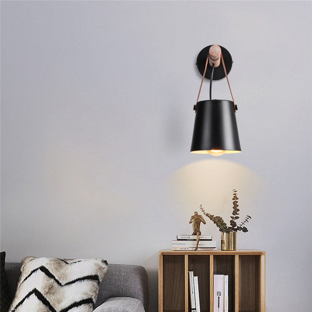 Applique murale cône bois fer sangle cuir E27 industriel noir blanc salon | Restfield