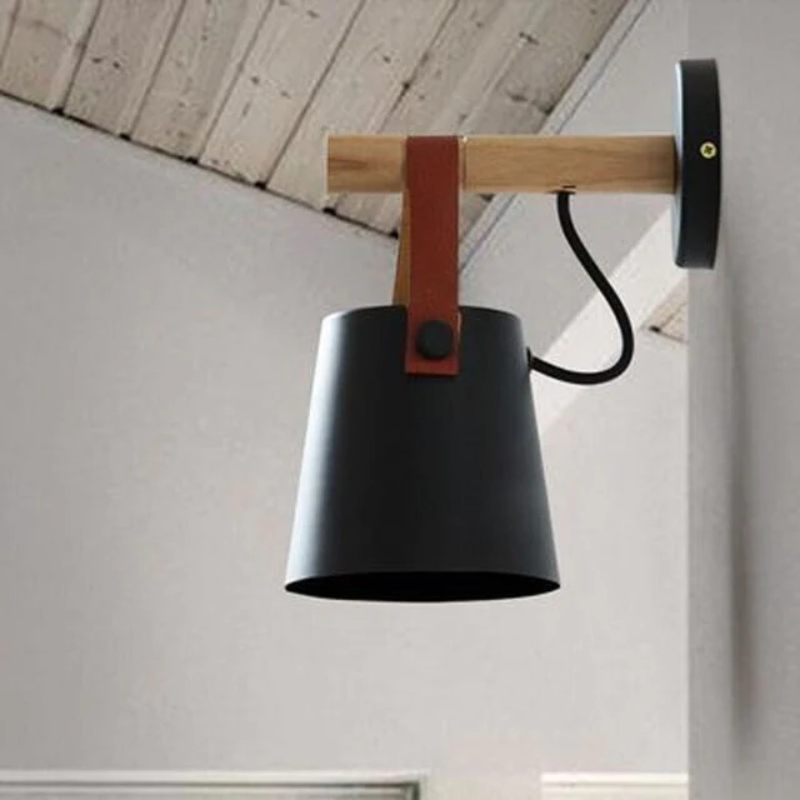 Applique murale cône bois fer sangle cuir E27 industriel noir blanc salon | Restfield