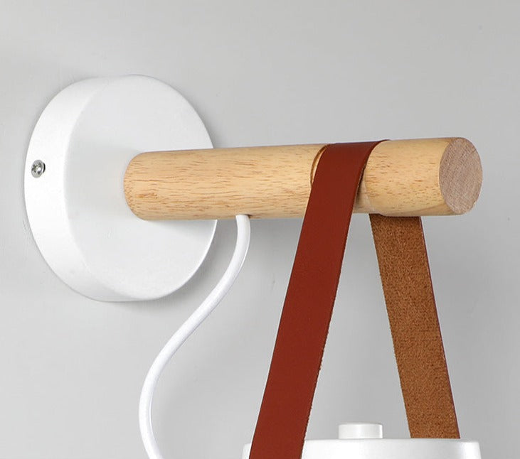 Applique murale cône bois fer sangle cuir E27 industriel noir blanc salon | Restfield