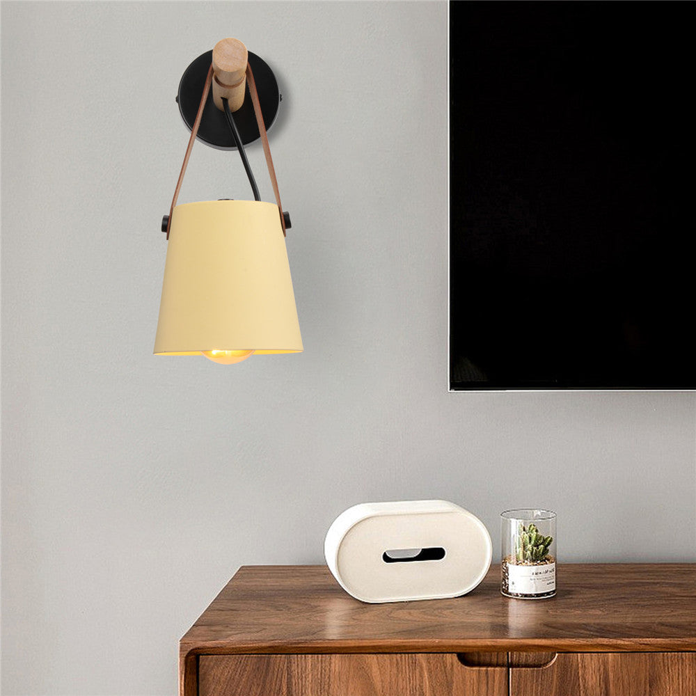 Applique murale cône bois fer sangle cuir E27 industriel noir blanc salon | Restfield
