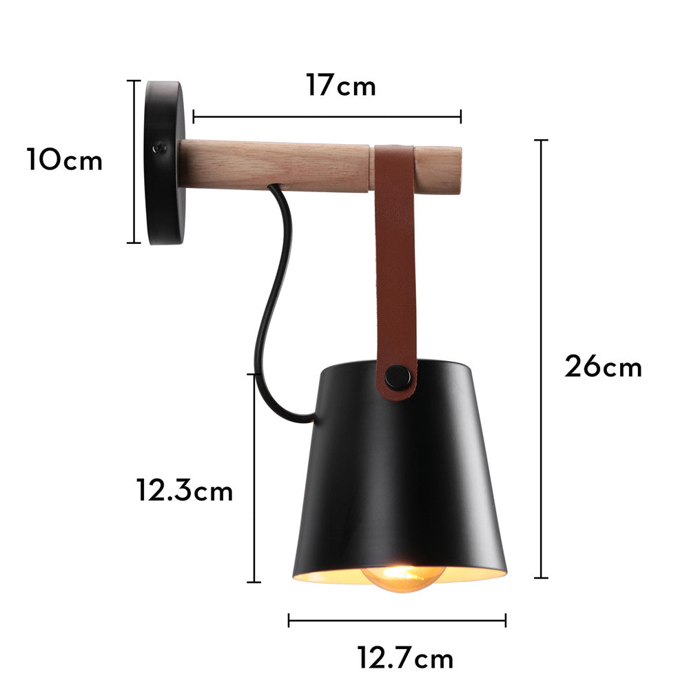 Applique murale cône bois fer sangle cuir E27 industriel noir blanc salon | Restfield