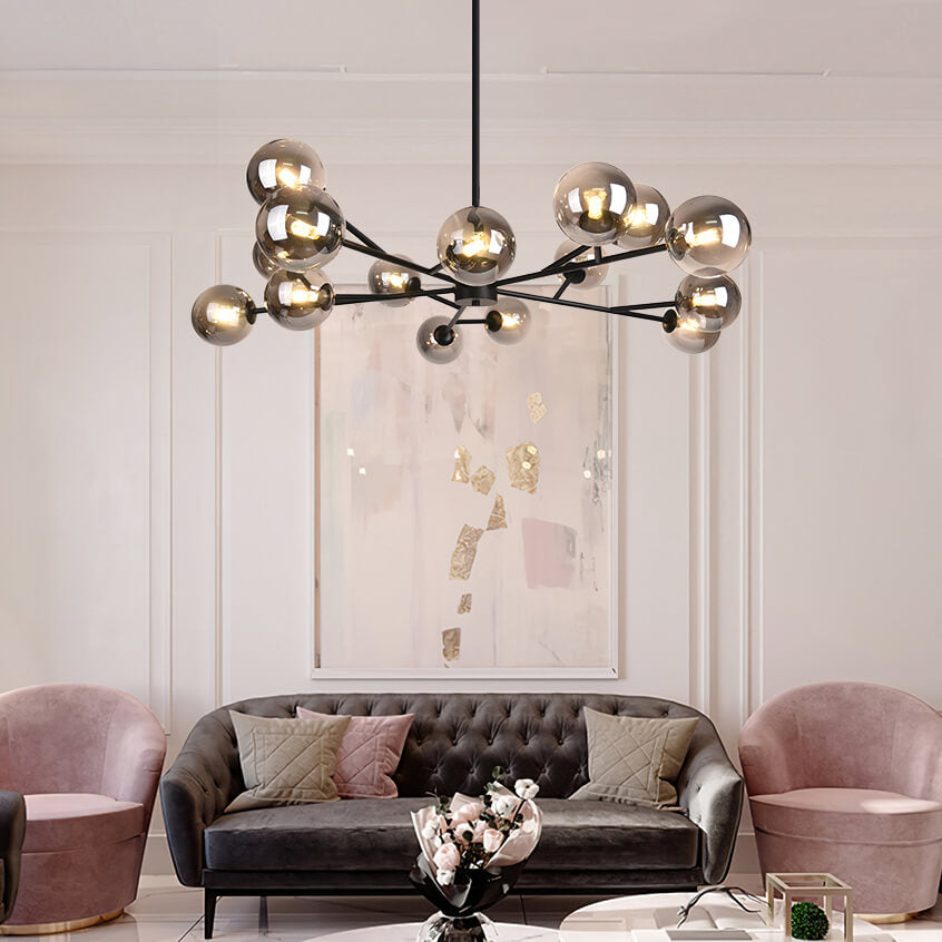 Hanglamp met 15 Glazen Bollen Zwart Messing 112cm Moderne Plafondverlichting voor Eetkamer en Woonkamer | Sansoti
