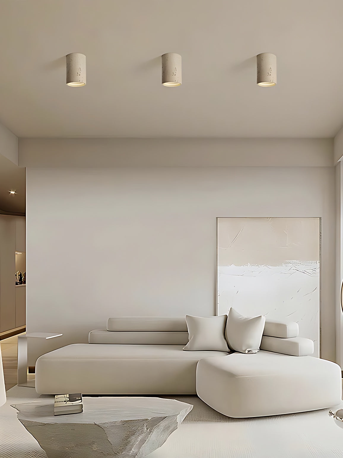 Cilindrische plafondlamp van travertijn – LED verlichting voor moderne interieurs | Sansoti