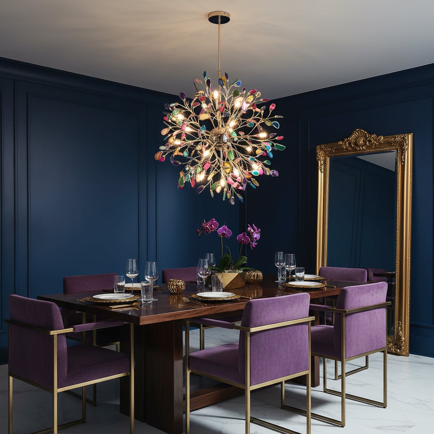 Hängelampe Kronleuchter Natur Achat Metall Gold Mehrfarbig G4 12-18 Leuchten Wohnzimmer | Restfield