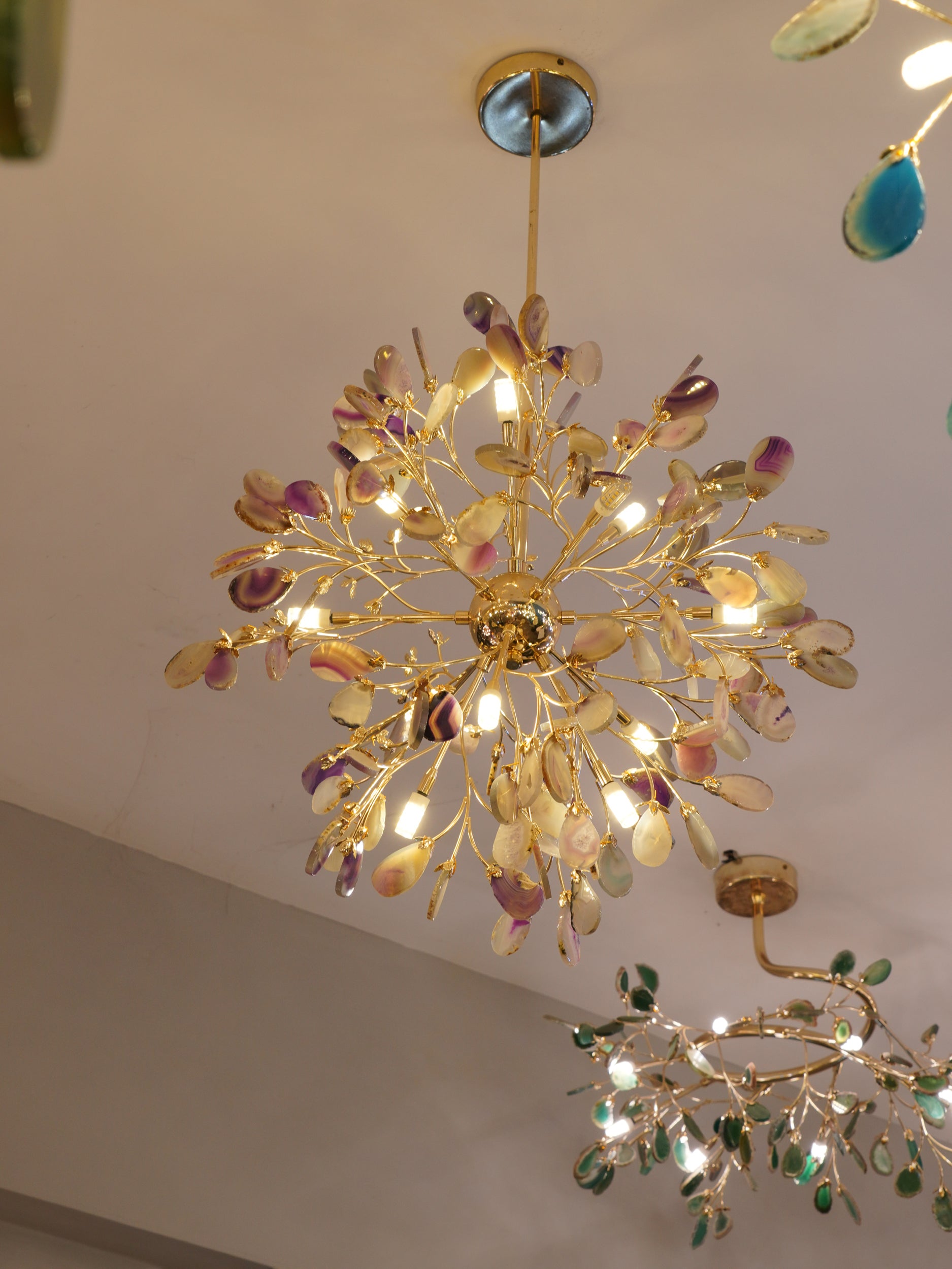 Hängelampe Kronleuchter Natur Achat Metall Gold Mehrfarbig G4 12-18 Leuchten Wohnzimmer | Restfield