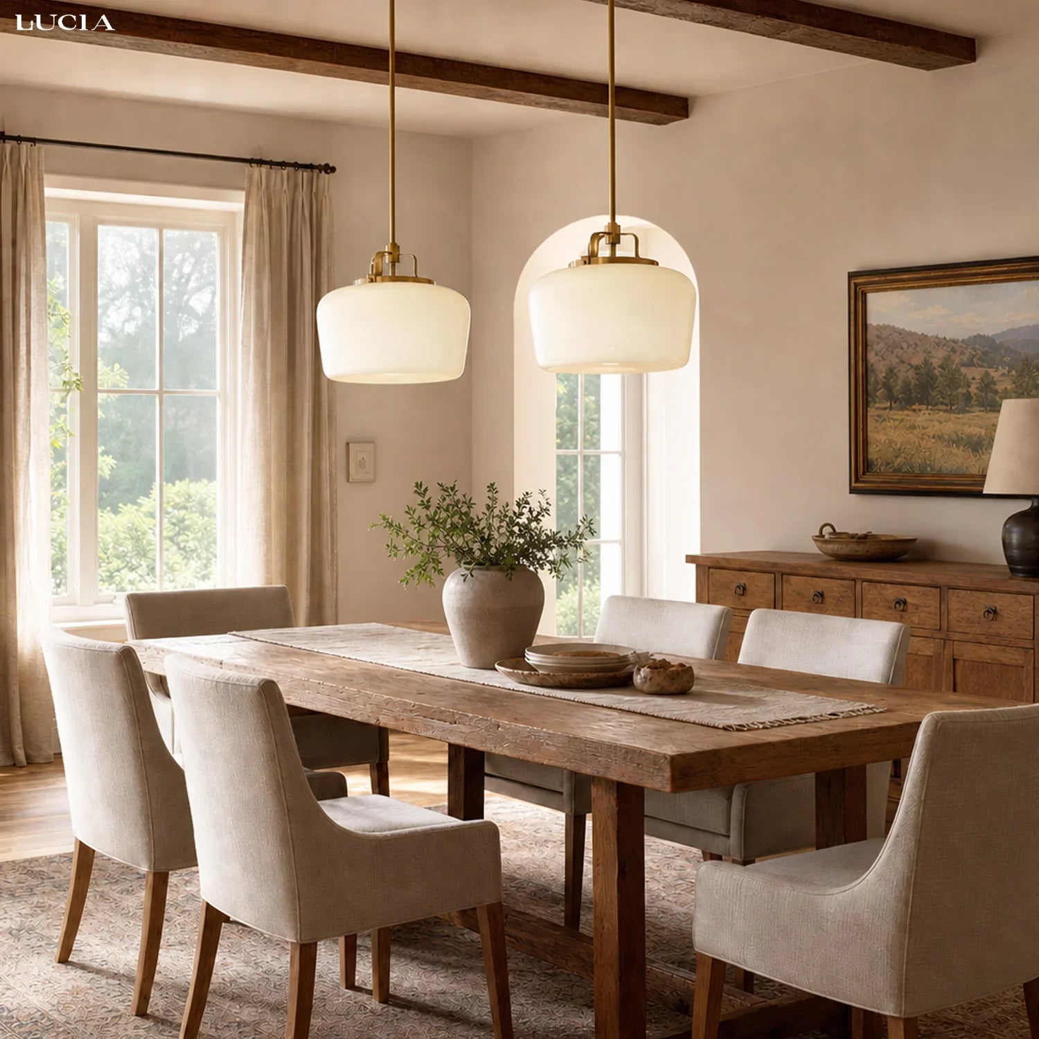 Hanglamp met Opaal Wit Glazen Kap en Antique Brass Fitting – 3-Lichts Hangverlichting voor Keukeneiland Eetkamer Woonkamer Scandinavisch Interieur | Sansoti