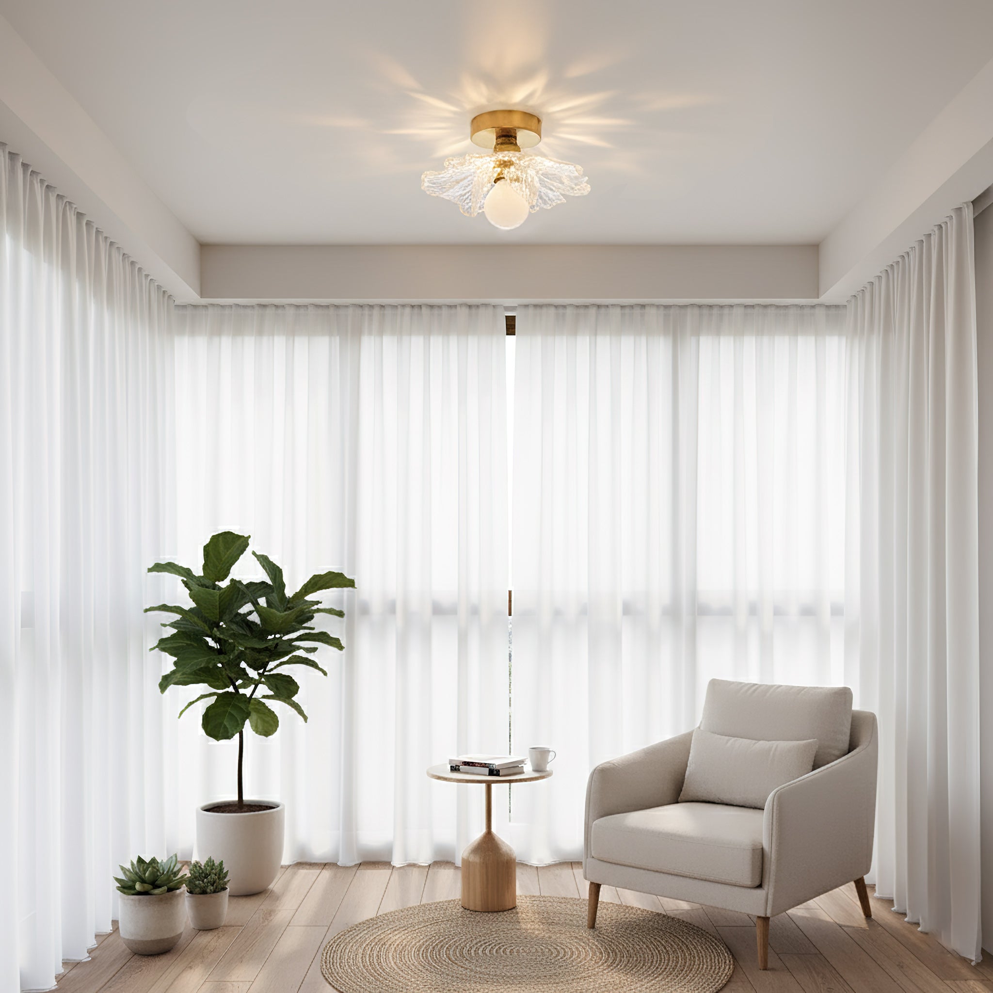 Plafondlamp met Bloesemontwerp in Hars en Messing – Elegante Verlichting voor Slaapkamer en Gang | Sansoti