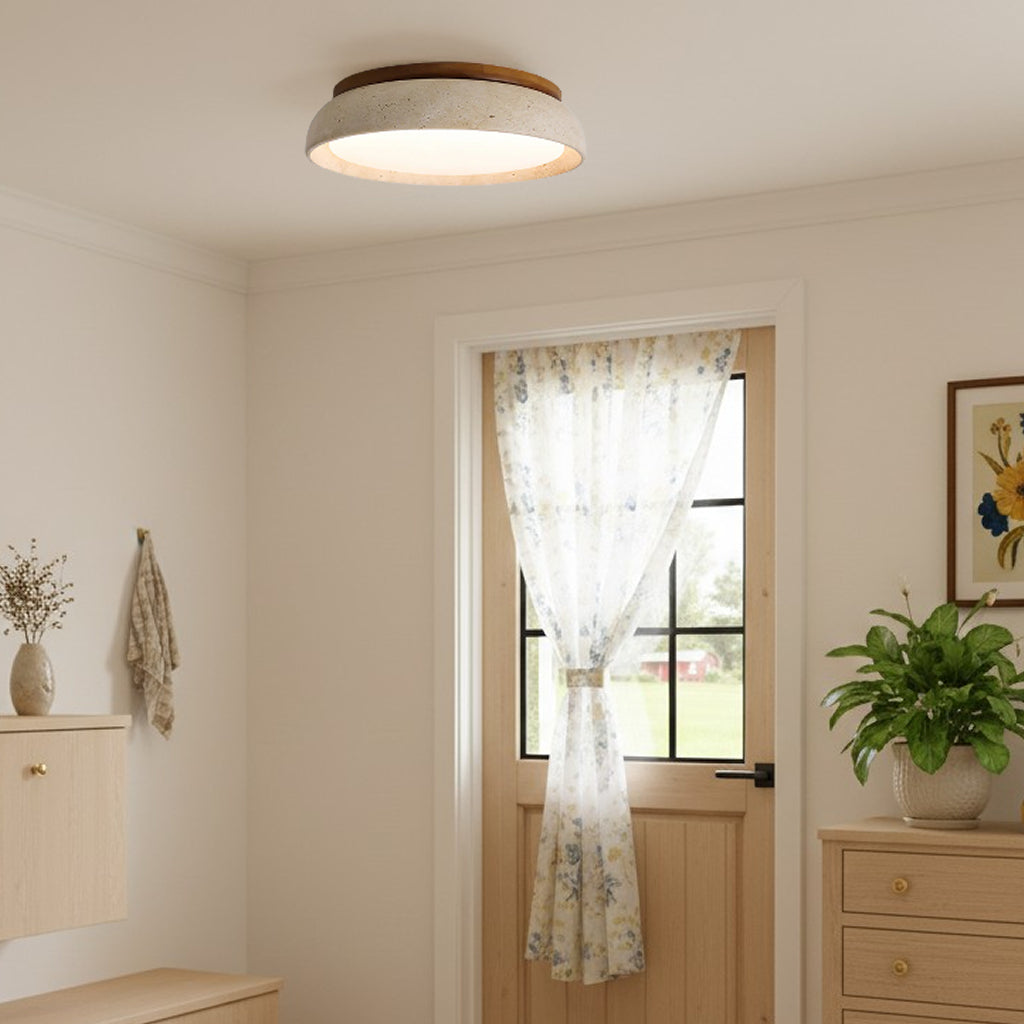 Scandinavische Plafondlamp Travertijn met Houtaccent — Moderne Ronde Opbouwspot Natuursteen en Acryl Inbouw LED Verlichting Warm Wit 3000K Slaapkamer Gang Entree Woonkamer — Ø 30 cm × H 7 cm | Sansoti