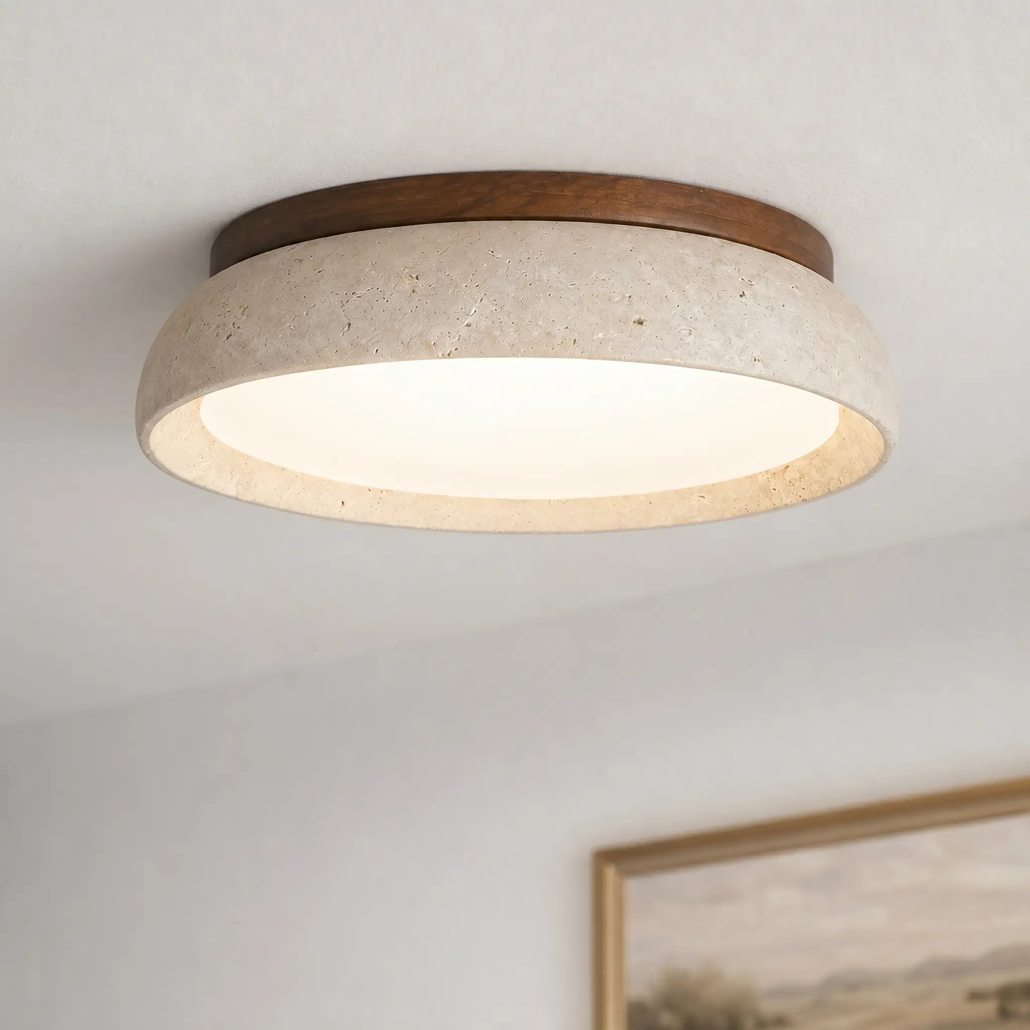 Scandinavische Plafondlamp Travertijn met Houtaccent — Moderne Ronde Opbouwspot Natuursteen en Acryl Inbouw LED Verlichting Warm Wit 3000K Slaapkamer Gang Entree Woonkamer — Ø 30 cm × H 7 cm | Sansoti