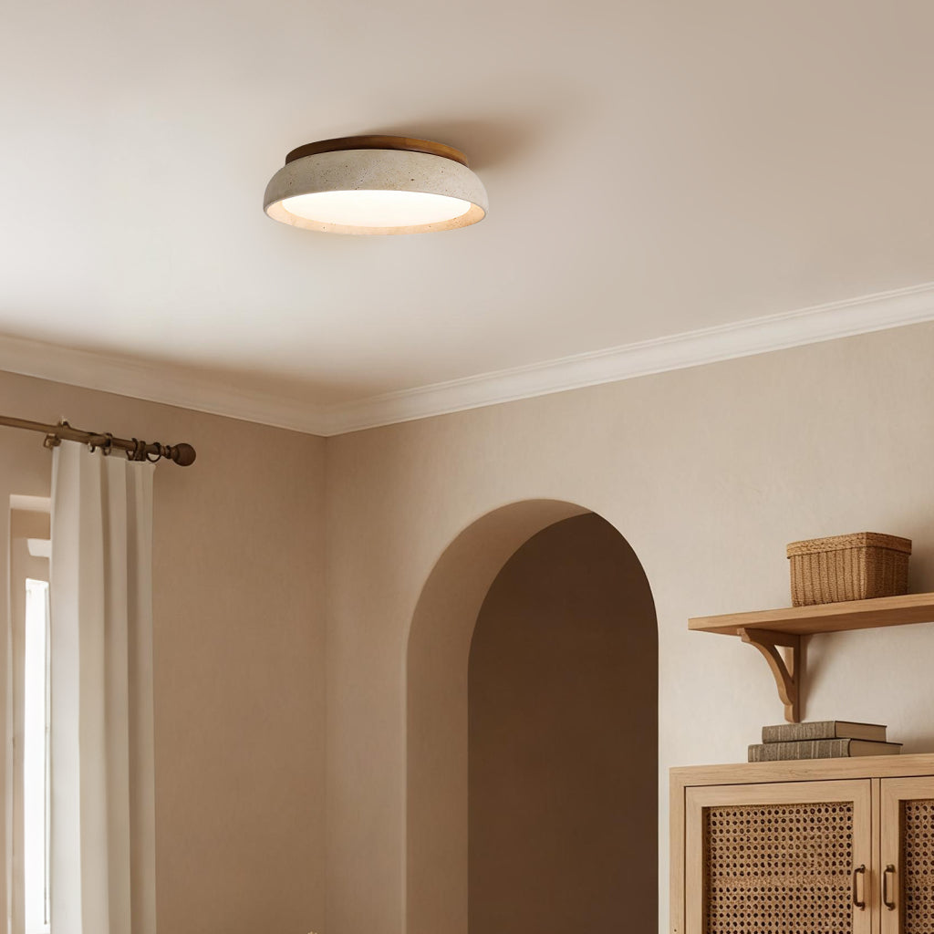 Scandinavische Plafondlamp Travertijn met Houtaccent — Moderne Ronde Opbouwspot Natuursteen en Acryl Inbouw LED Verlichting Warm Wit 3000K Slaapkamer Gang Entree Woonkamer — Ø 30 cm × H 7 cm | Sansoti