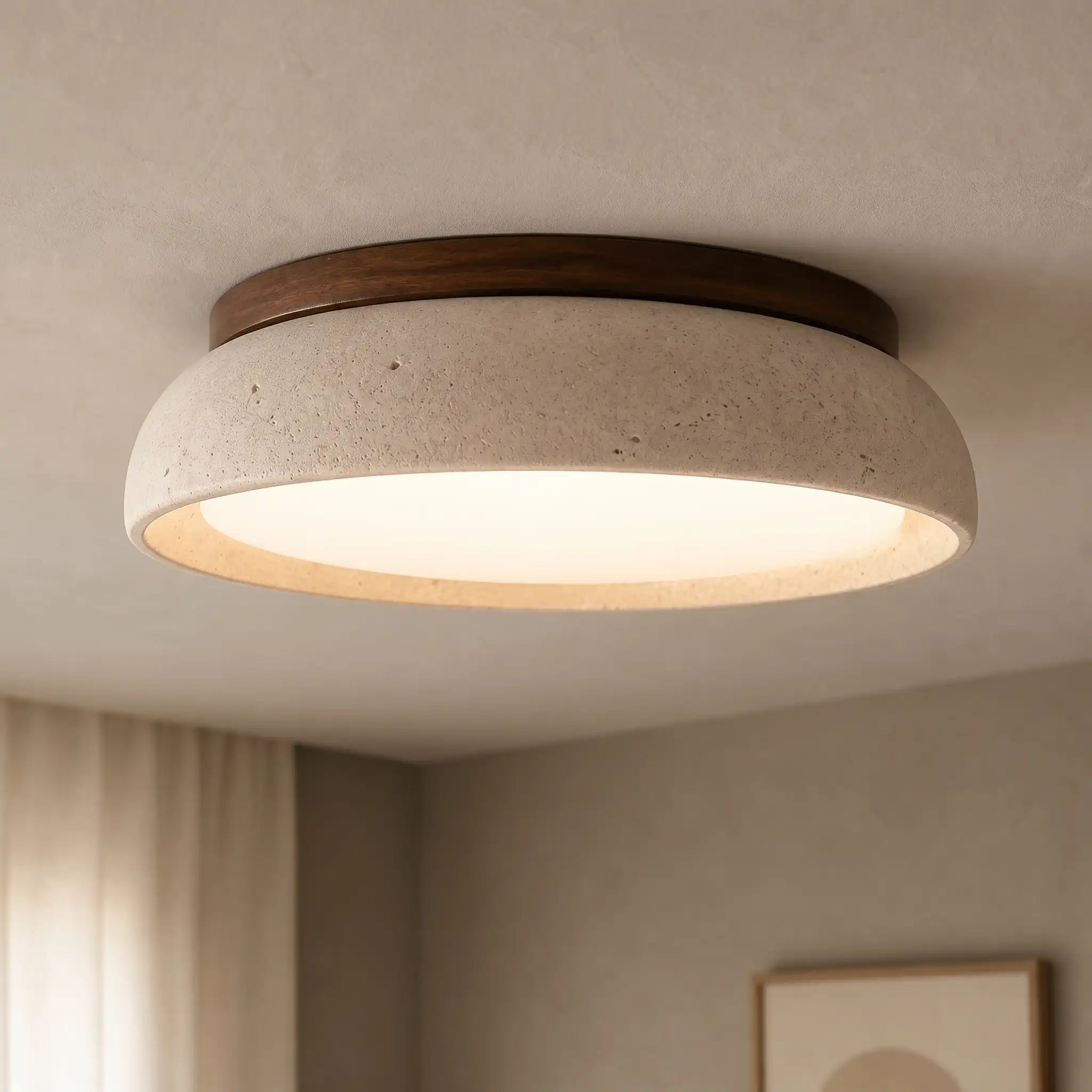 Scandinavische Plafondlamp Travertijn met Houtaccent — Moderne Ronde Opbouwspot Natuursteen en Acryl Inbouw LED Verlichting Warm Wit 3000K Slaapkamer Gang Entree Woonkamer — Ø 30 cm × H 7 cm | Sansoti