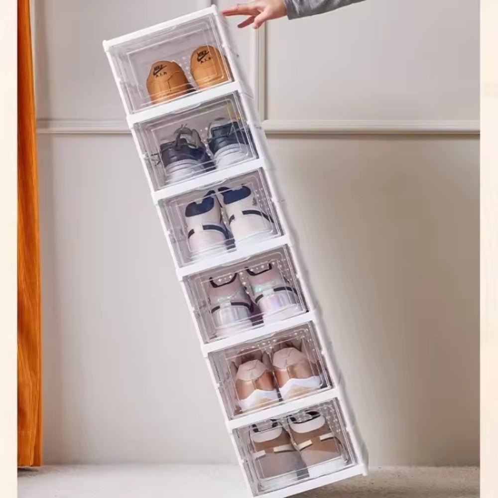 Opvouwbaar Schoenenrek 3 Lagen Wit Kunststof met Transparante Deur Platbesparend Stapelbaar Organizer Kastje 25,5×34,5×52,5cm Modulair Opbergsysteem | Sansoti