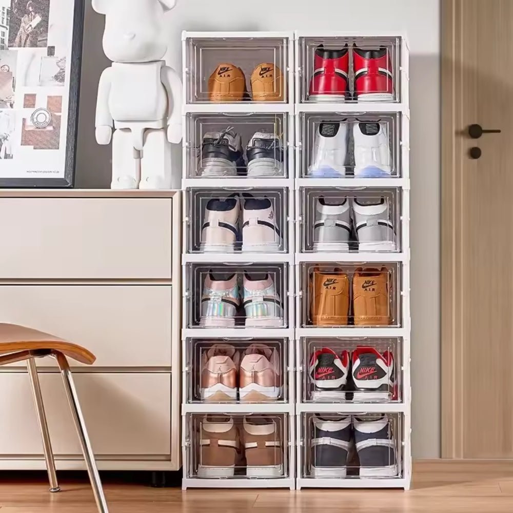Opvouwbaar Schoenenrek 3 Lagen Wit Kunststof met Transparante Deur Platbesparend Stapelbaar Organizer Kastje 25,5×34,5×52,5cm Modulair Opbergsysteem | Sansoti