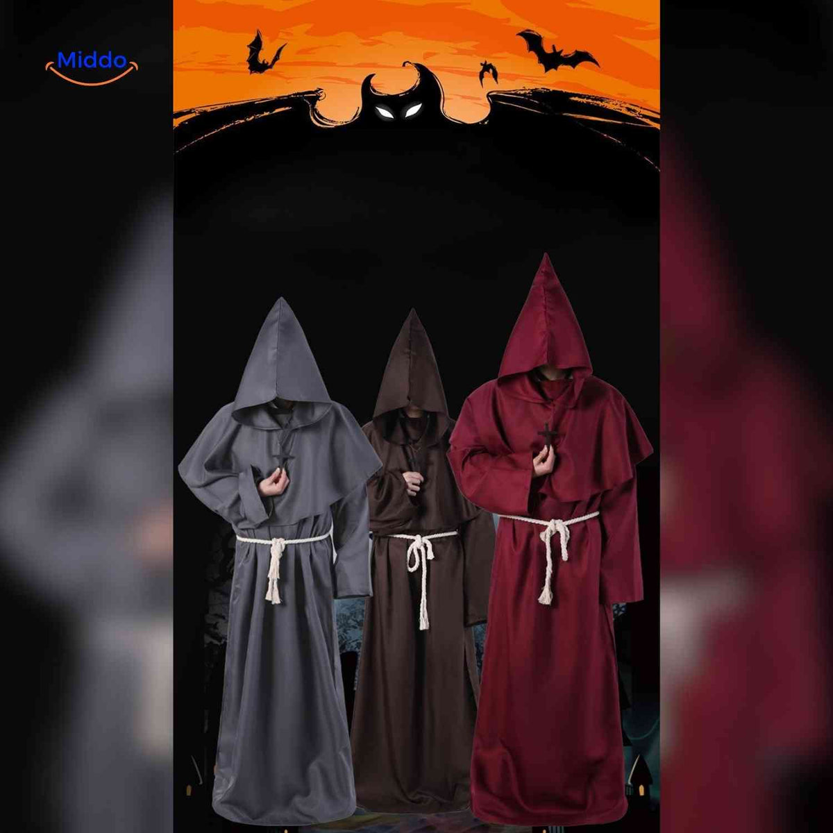 Mittelalterliches Mönchsgewand mit Kapuze, Unisex-Kostüm für Themenpartys, Halloween, Cosplay und Karneval | Sansoti