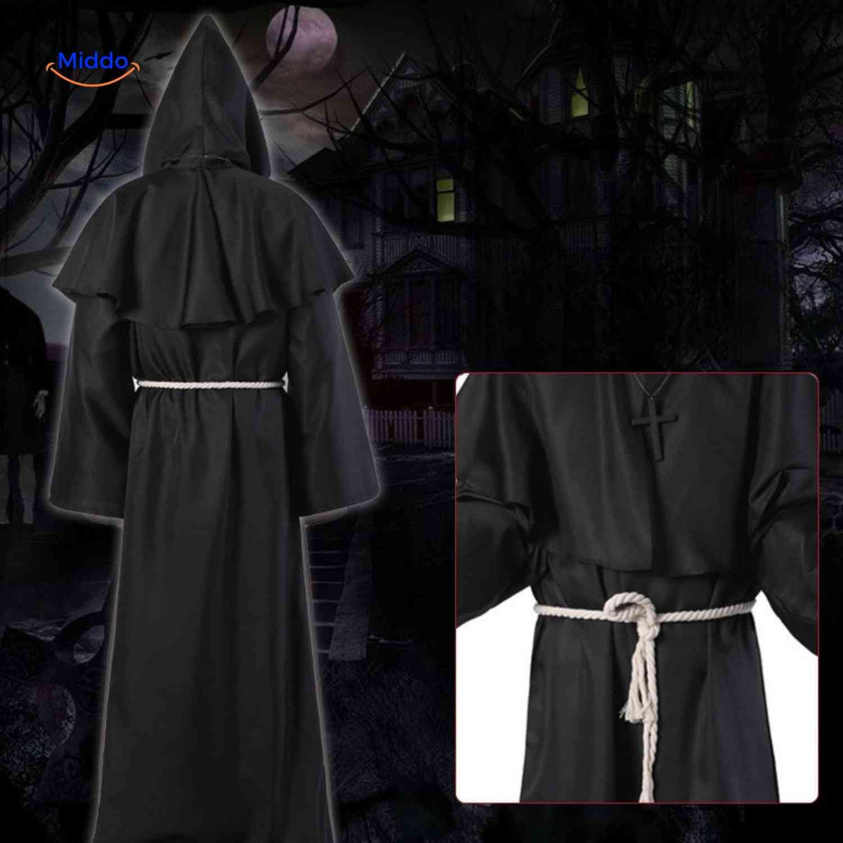 Mittelalterliches Mönchsgewand mit Kapuze, Unisex-Kostüm für Themenpartys, Halloween, Cosplay und Karneval | Sansoti