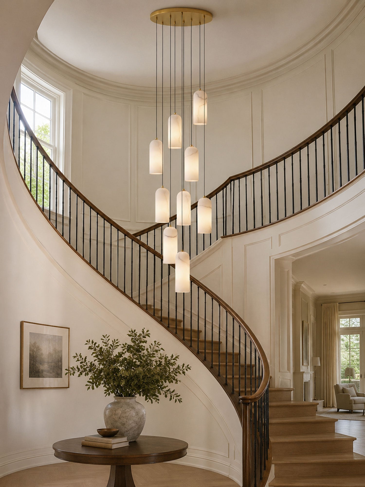 Alabasten Hanglamp met Gevlochten Snoer – Natuursteen Verlichting van Enkel Lichtpunt tot 21-Lichts Cluster – Mid-Century Modern Stijl Eetkamer Hanglamp met E12/E14 Fitting | Sansoti