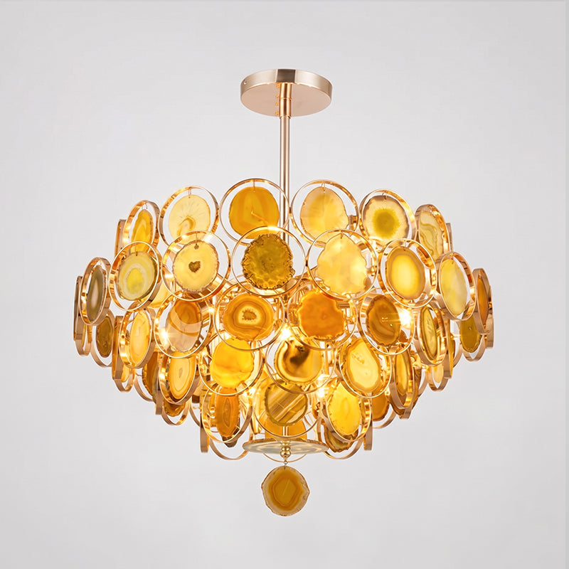 Agaat Kroonluchter – Natuursteen Hanglamp met Goudkleurige Montage – Echt Braziliaans Agaat Verlicht | Sansoti