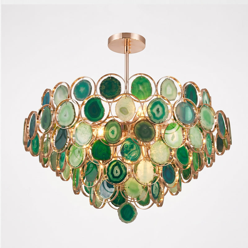 Agaat Kroonluchter – Natuursteen Hanglamp met Goudkleurige Montage – Echt Braziliaans Agaat Verlicht | Sansoti