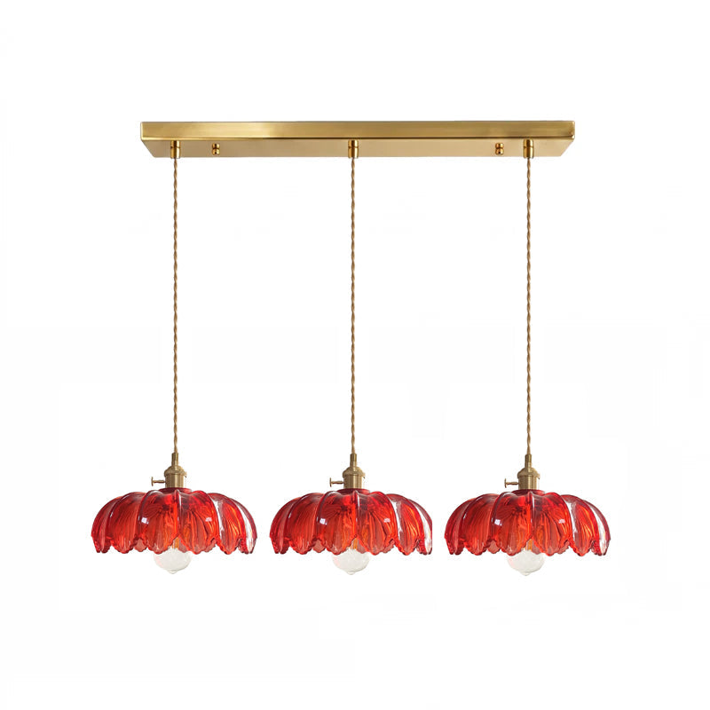 Retro Hanglamp met Bloembladkap en Messing Armatuur – Vintage Elegantie in Zes Glaskleuren – Enkele of Drievoudige Lichtpunten | Sansoti