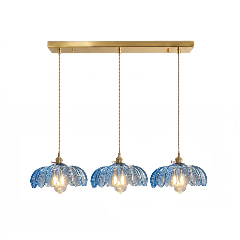 Retro Hanglamp met Bloembladkap en Messing Armatuur – Vintage Elegantie in Zes Glaskleuren – Enkele of Drievoudige Lichtpunten | Sansoti
