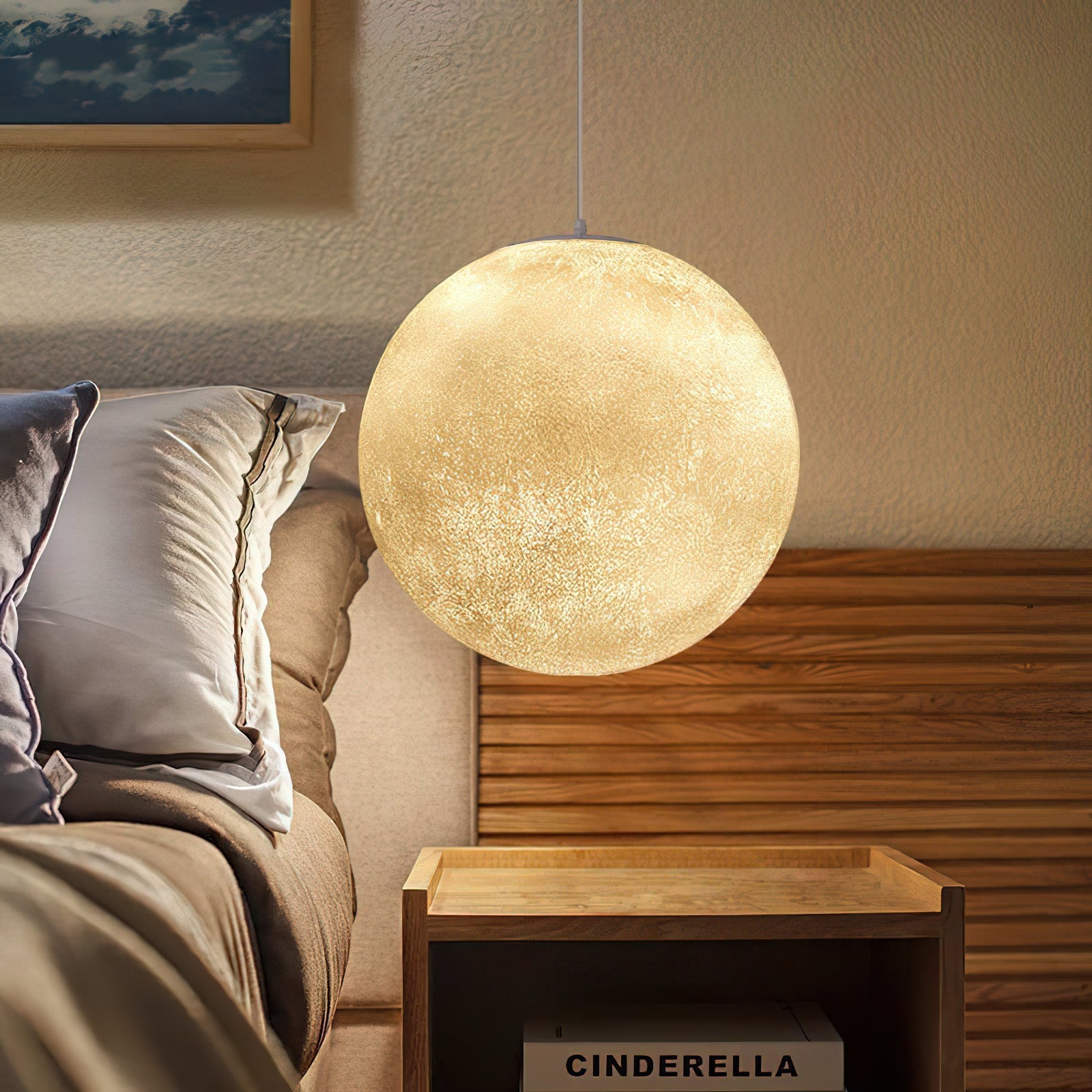 Maan Hanglamp – Realistische Textuur – 8 Maten Beschikbaar – Romantische Maanbol voor Slaapkamer Eetkamer Kinderkamer – Dimbaar Warm Licht – Schuine Plafondadapter Inbegrepen | Sansoti