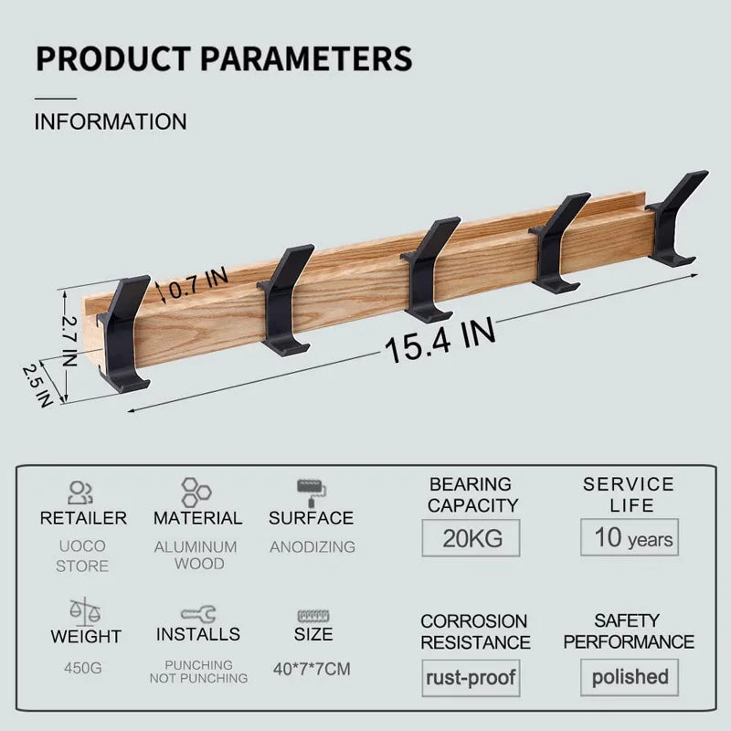 Wandkapstok met Verstelbare Haken – Natuurlijk Hout en Aluminium – 5 Draaihaken voor Hal en Slaapkamer – Scandinavische Stijl | Sansoti