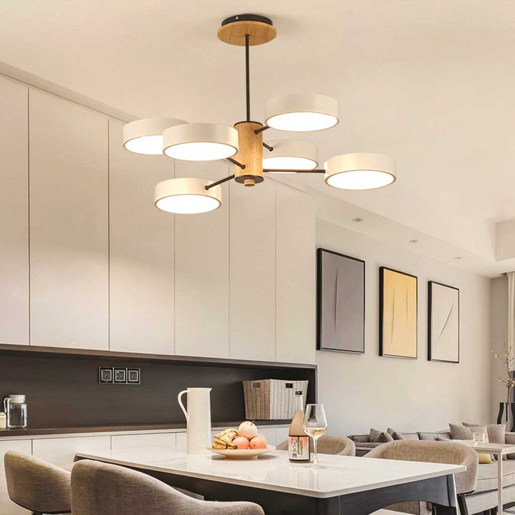 Deckenleuchte und Kronleuchter aus Holz und Metall, mehrarmig, LED, verstellbares Licht, modernes skandinavisches Design, Wohnzimmer | Sansoti