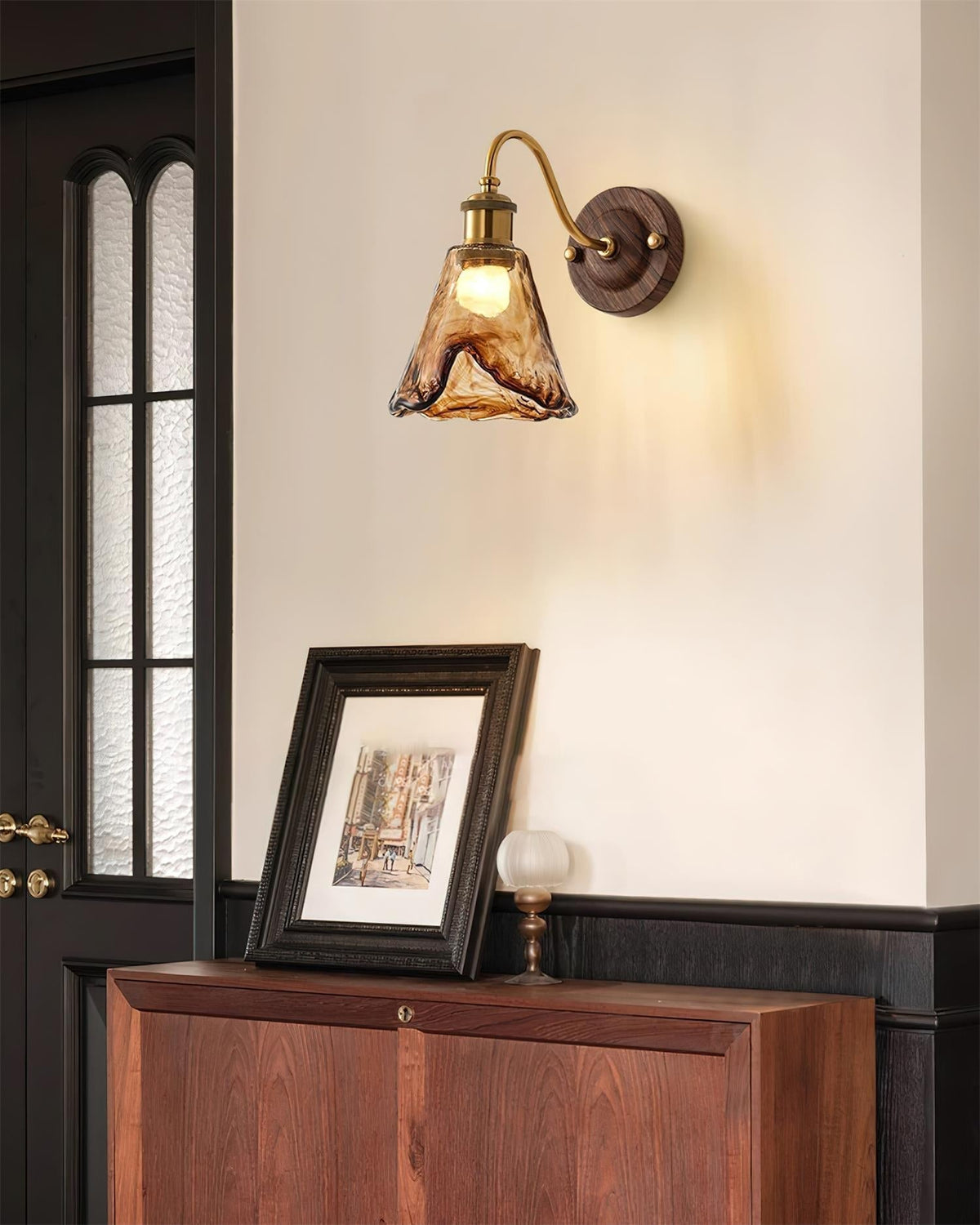 Wandlamp Amber Glas Hout Goud Vintage Metalen Fitting E26 E27 Dimbaar Retro Sfeerlicht Woonkamer Slaapkamer 24cm | Sansoti