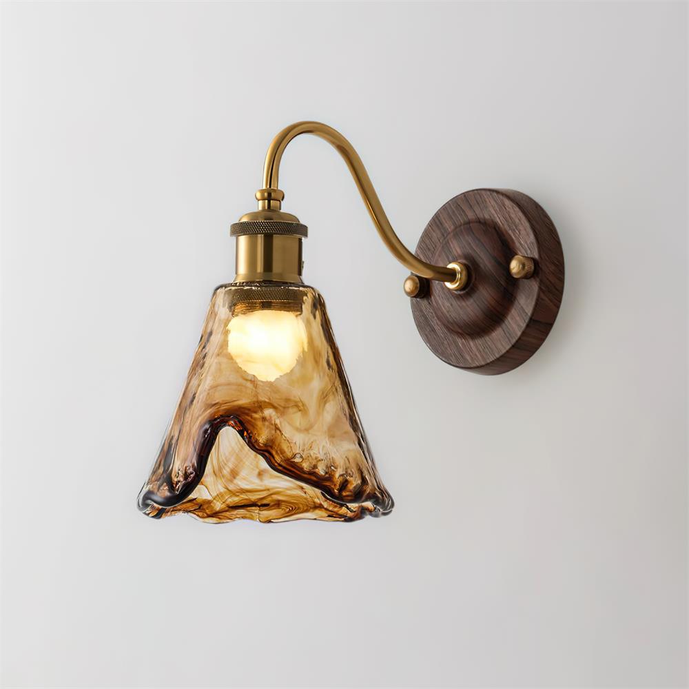 Wandlamp Amber Glas Hout Goud Vintage Metalen Fitting E26 E27 Dimbaar Retro Sfeerlicht Woonkamer Slaapkamer 24cm | Sansoti