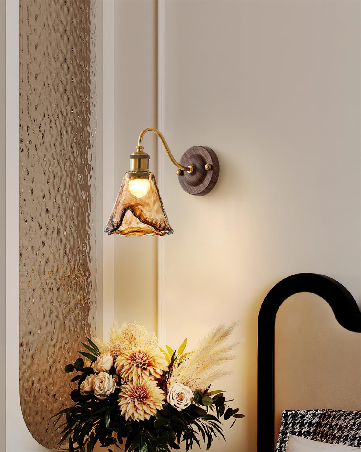 Wandlamp Amber Glas Hout Goud Vintage Metalen Fitting E26 E27 Dimbaar Retro Sfeerlicht Woonkamer Slaapkamer 24cm | Sansoti